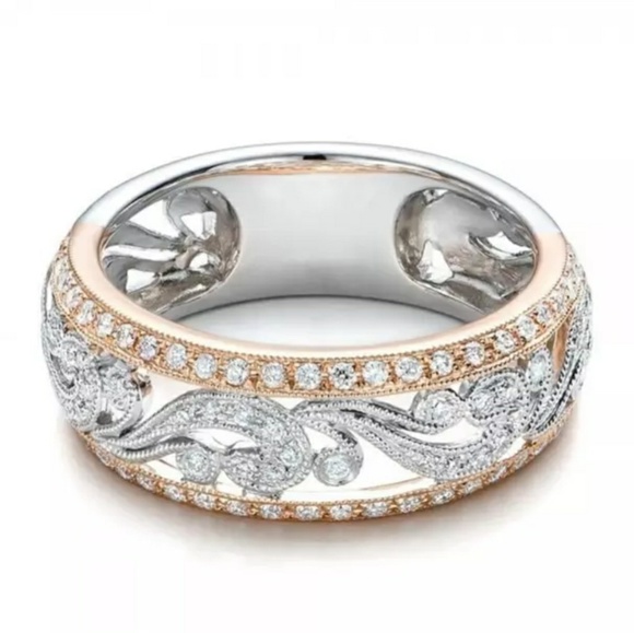 Two tone Silver & Rose Gold Filigree Wedding Band - Picture 3 of 5